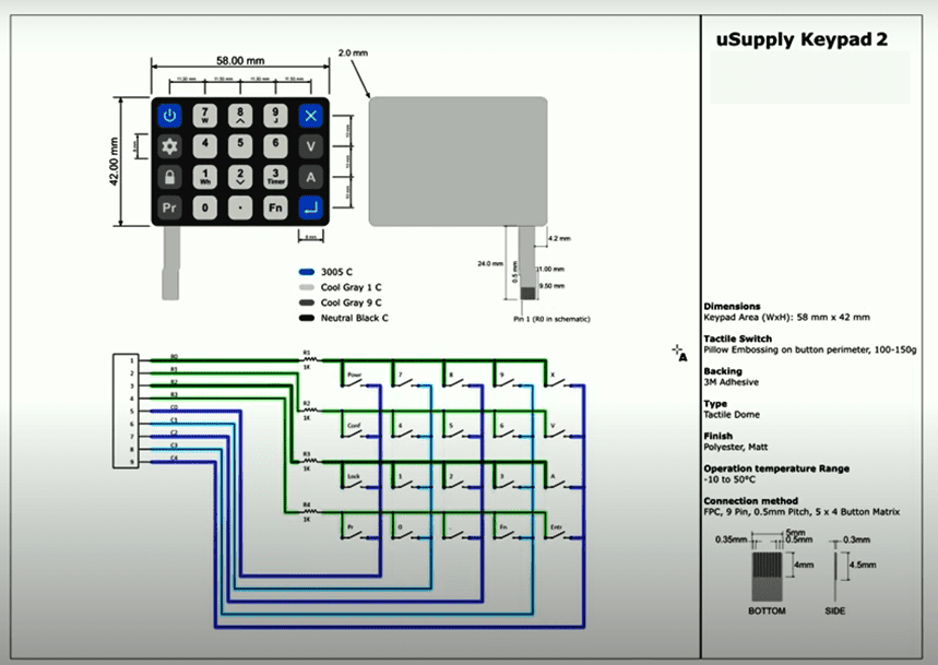 Membrane Keypad circuit diagram, Bill of material, dimensions