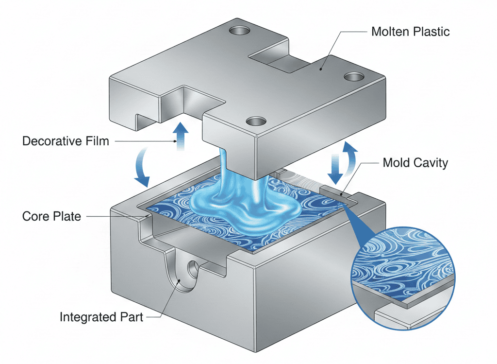 In-mold decoration process showing injection molding decoration with IMD film