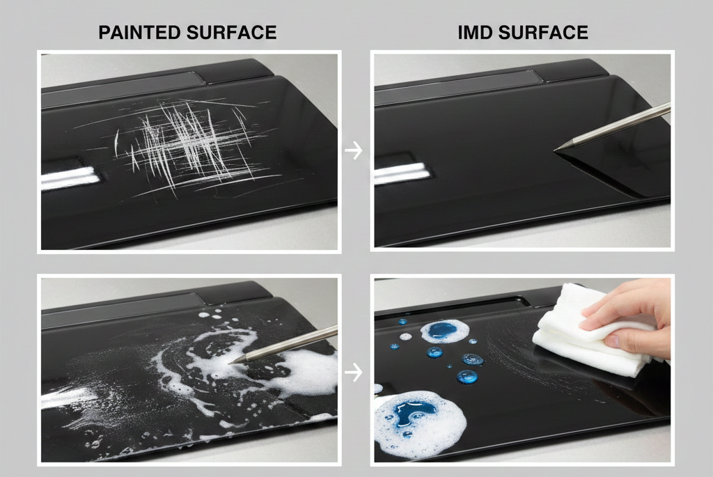 Abrasion and chemical resistance achieved after elimination of secondary painting using IMD